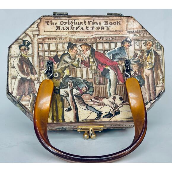 Vintage Box w Handle Decoupage Storage Trinket Catchall Book Academia Library - Picture 9 of 12